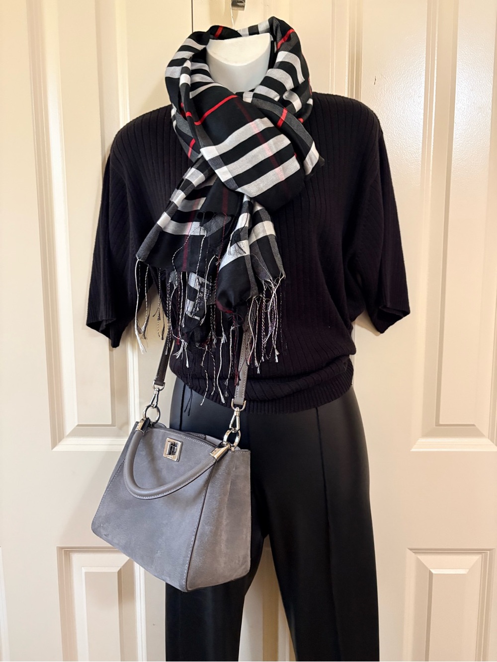 2pc, Mini Gray Suede Top-Handle Bag and crossbody strap with scarf. EUC